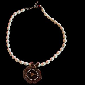 Pearls with Antique Sterling Silver Round Bull Pendant